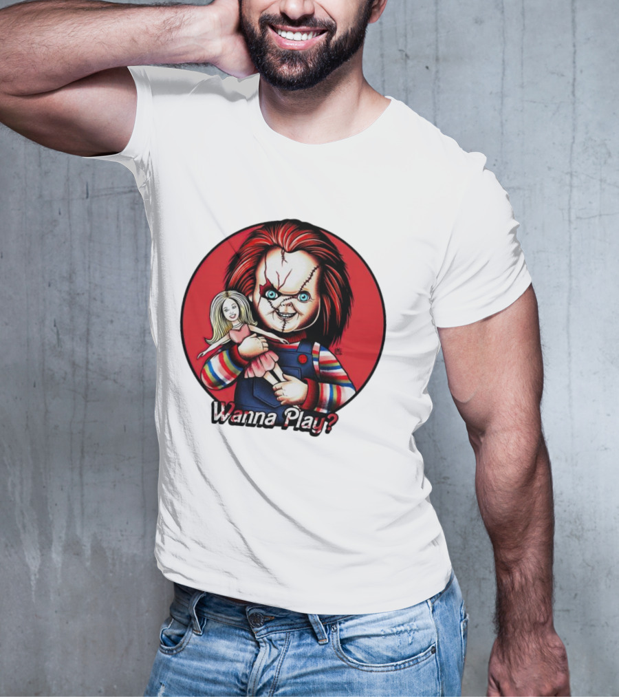 Chucky Holding Doll With Wanna Play? Text In Red Circle T-Shirt