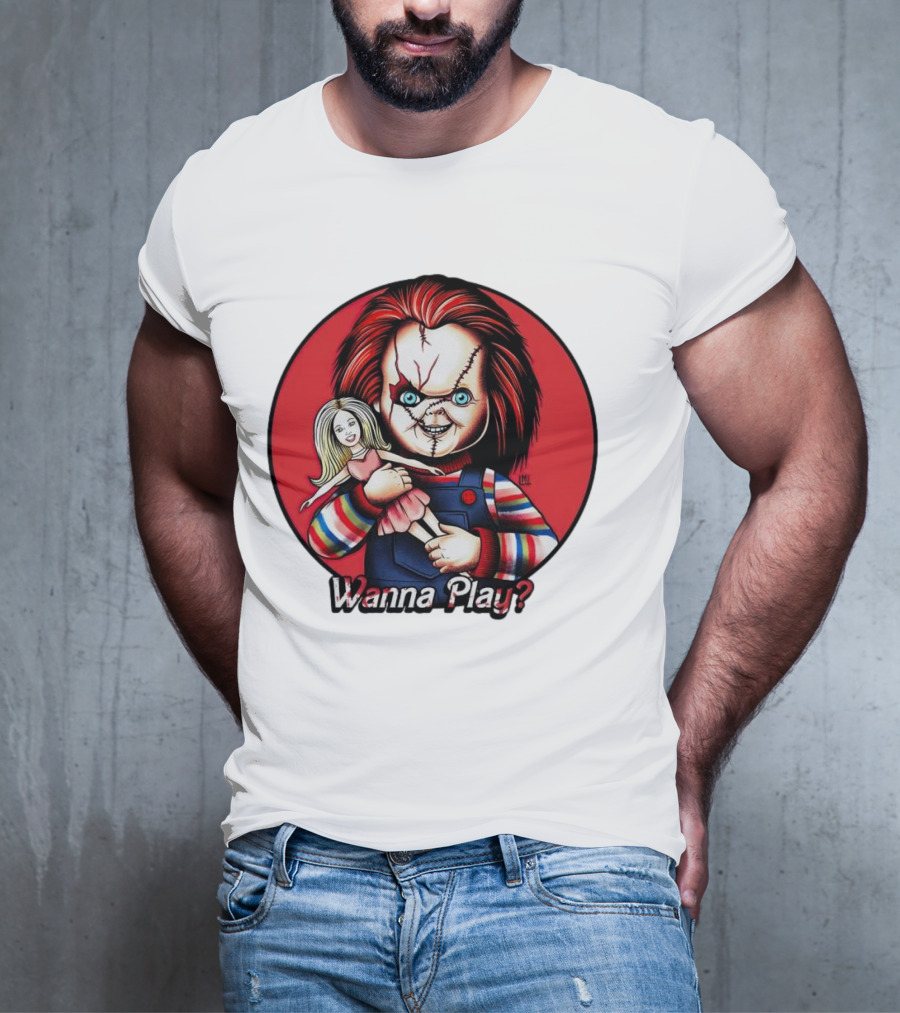 Chucky Holding Doll With Wanna Play? Text In Red Circle T-Shirt
