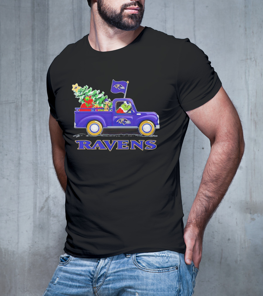 Grinch Driving Baltimore Ravens Christmas Truck T-Shirt