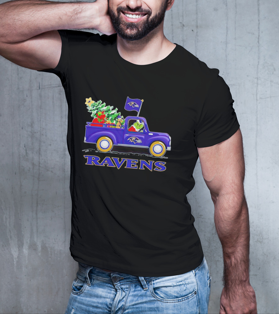 Grinch Driving Baltimore Ravens Christmas Truck T-Shirt