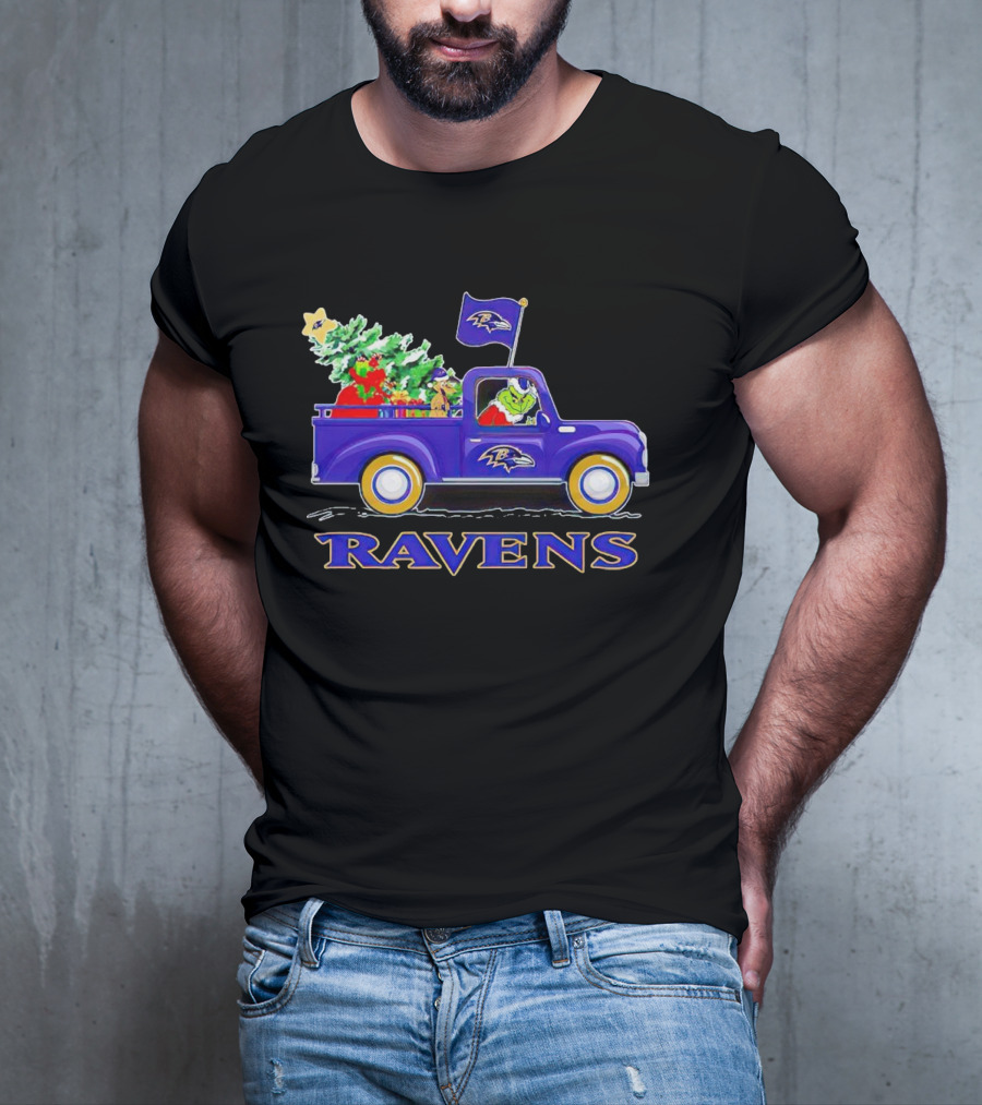 Grinch Driving Baltimore Ravens Christmas Truck T-Shirt