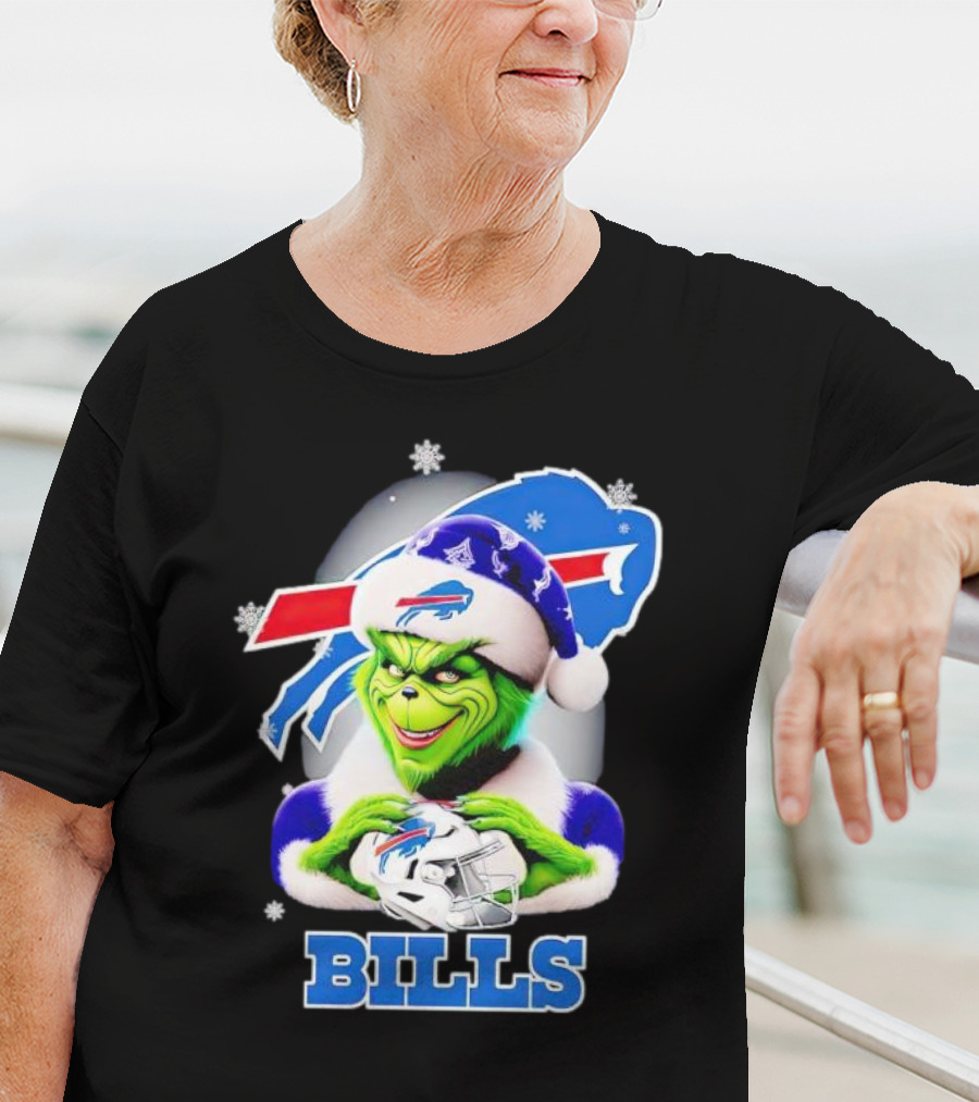 Grinch Love Buffalo Bills Christmas Santa Hat Snowflakes T-Shirt