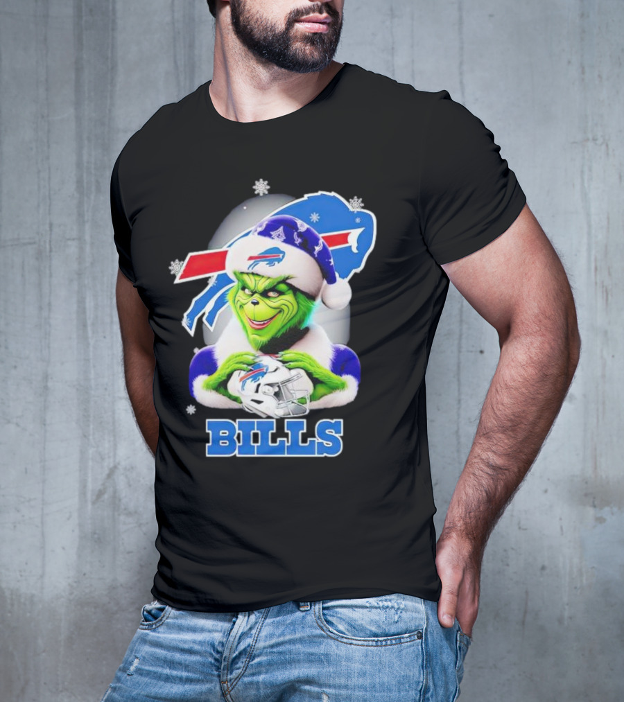 Grinch Love Buffalo Bills Christmas Santa Hat Snowflakes T-Shirt