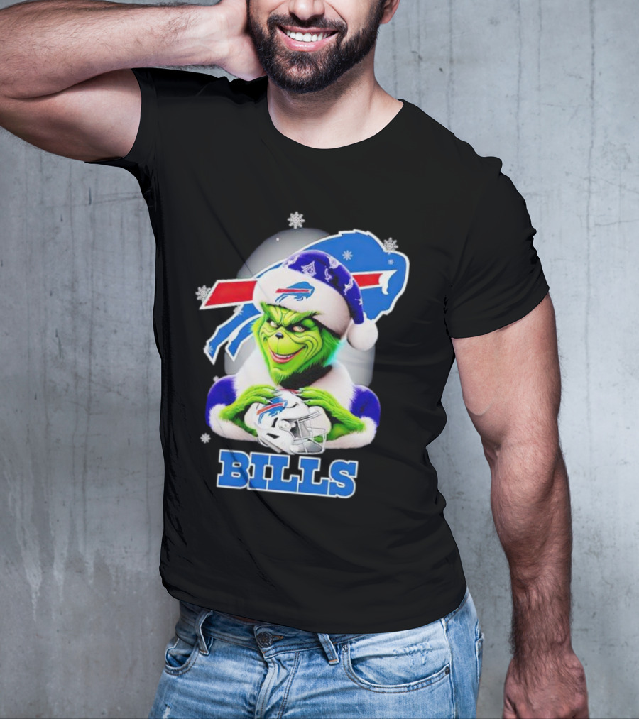 Grinch Love Buffalo Bills Christmas Santa Hat Snowflakes T-Shirt