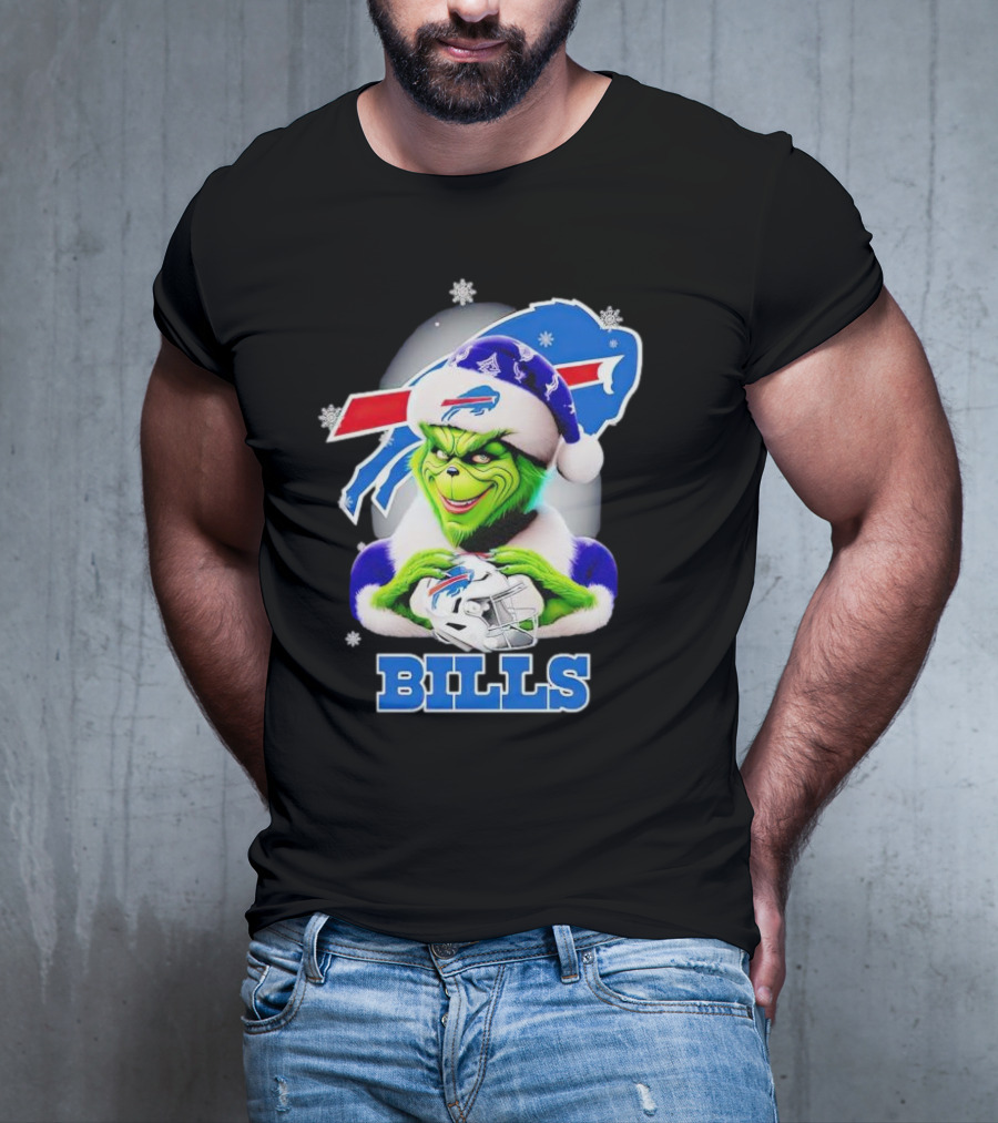 Grinch Love Buffalo Bills Christmas Santa Hat Snowflakes T-Shirt