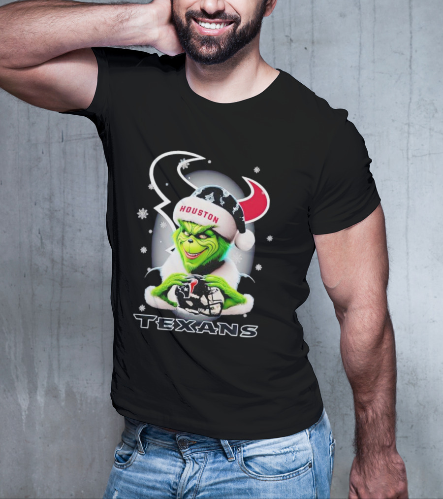 Grinch Houston Texans Christmas Football Holiday Snowflakes T-Shirt