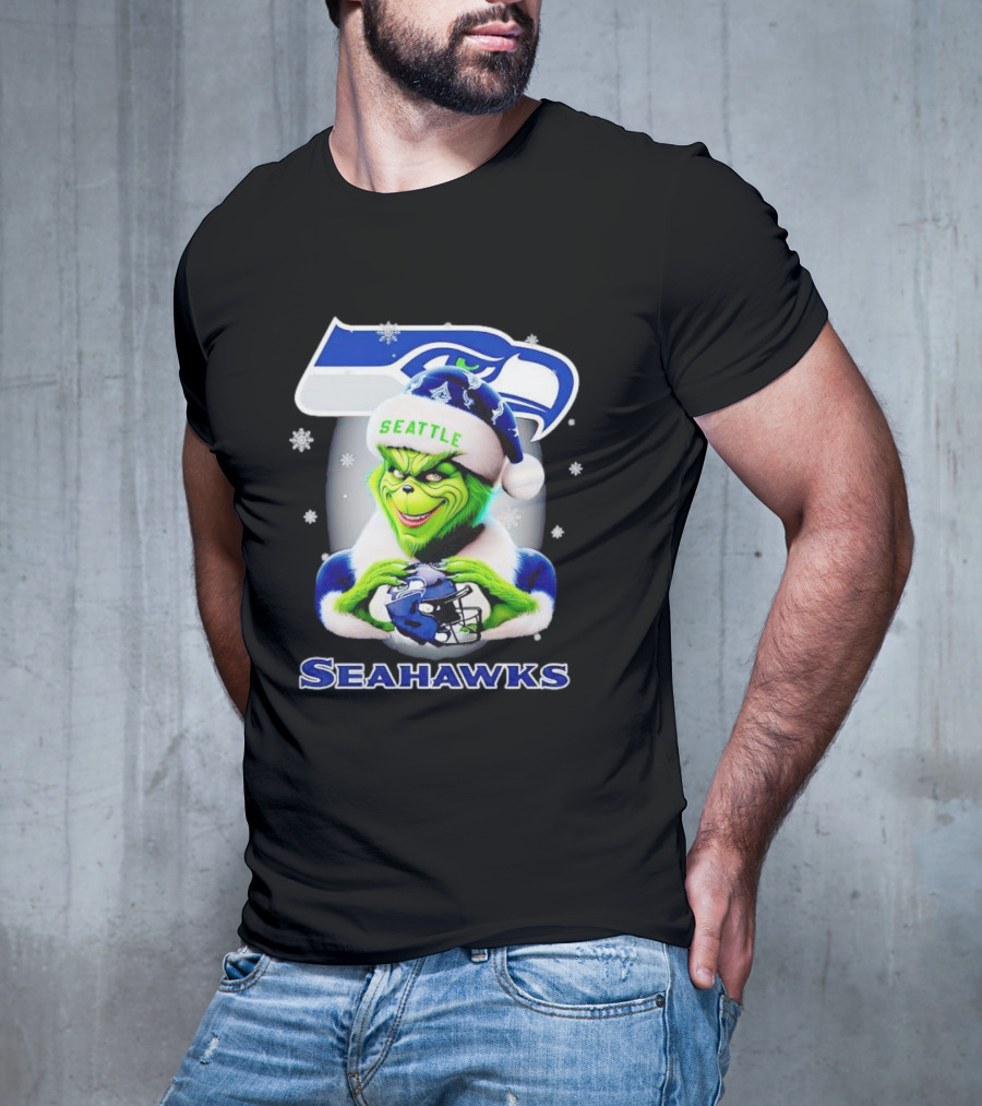 Seattle Seahawks Christmas Grinch Holding Football Helmet T-Shirt