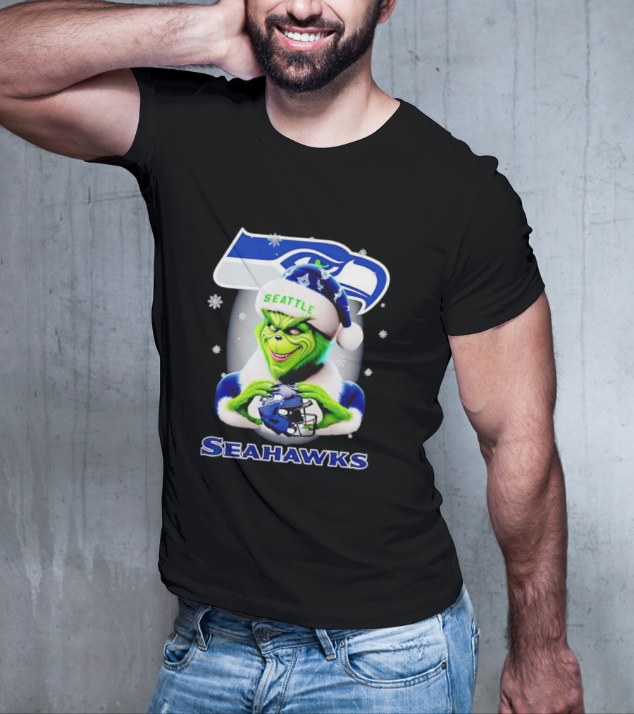 Seattle Seahawks Christmas Grinch Holding Football Helmet T-Shirt