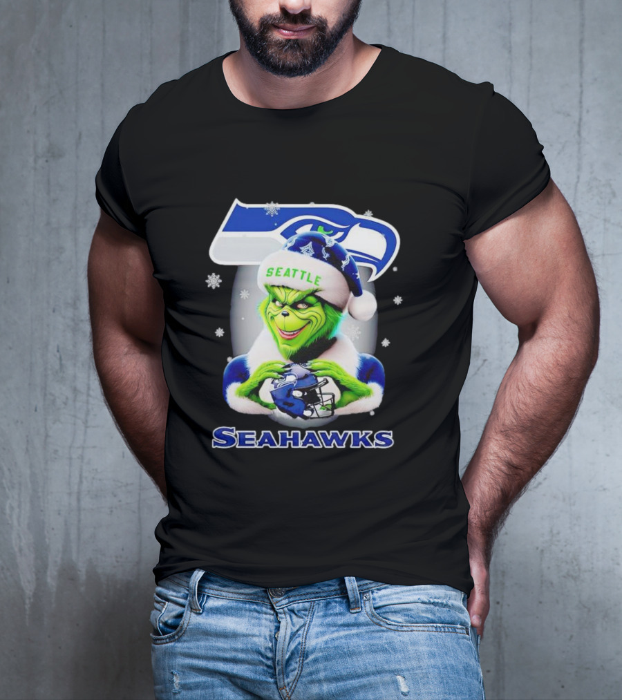 Seattle Seahawks Christmas Grinch Holding Football Helmet T-Shirt