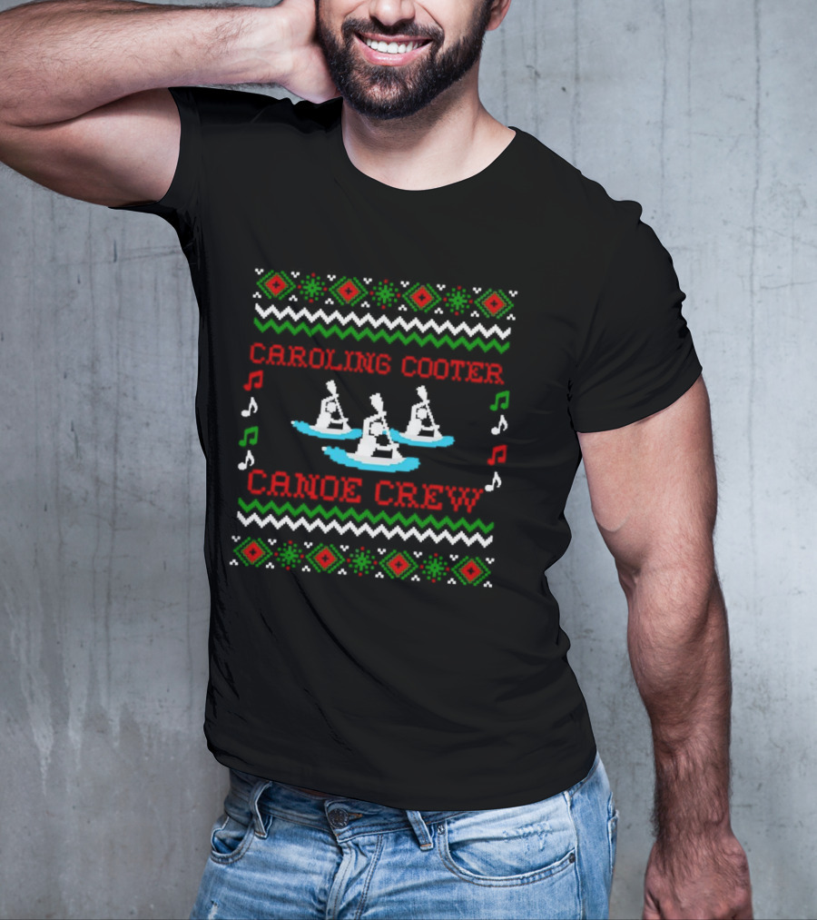 Caroling Cooter Canoe Crew Festive Holiday Pattern With Music Notes And Canoe T-Shirt
