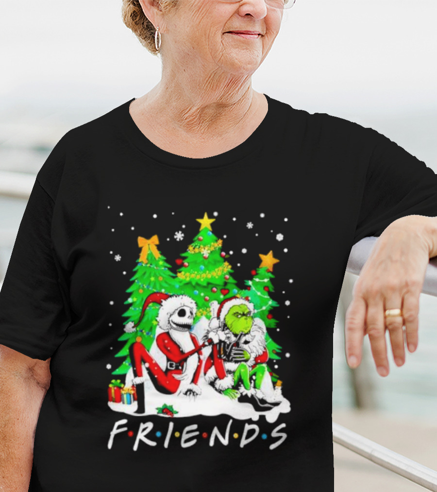 Friends Jack Skellington And Grinch Christmas Scene With Santa Outfits And Christmas Trees T-Shirt