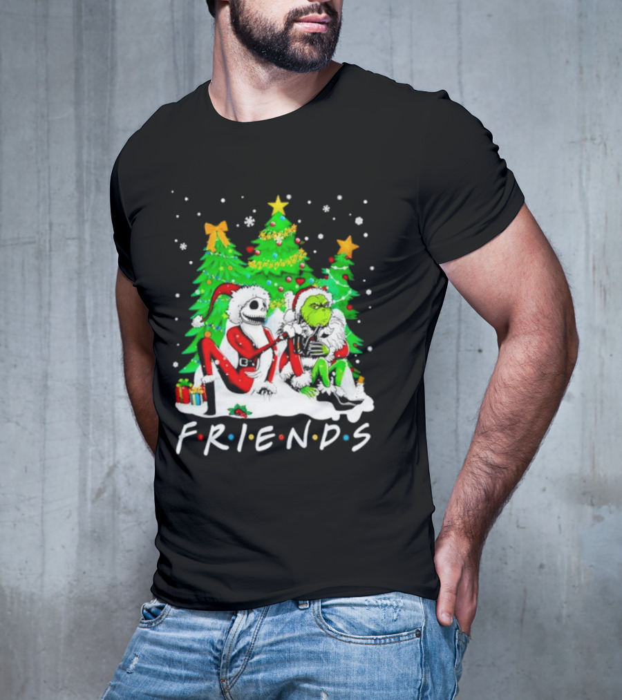 Friends Jack Skellington And Grinch Christmas Scene With Santa Outfits And Christmas Trees T-Shirt