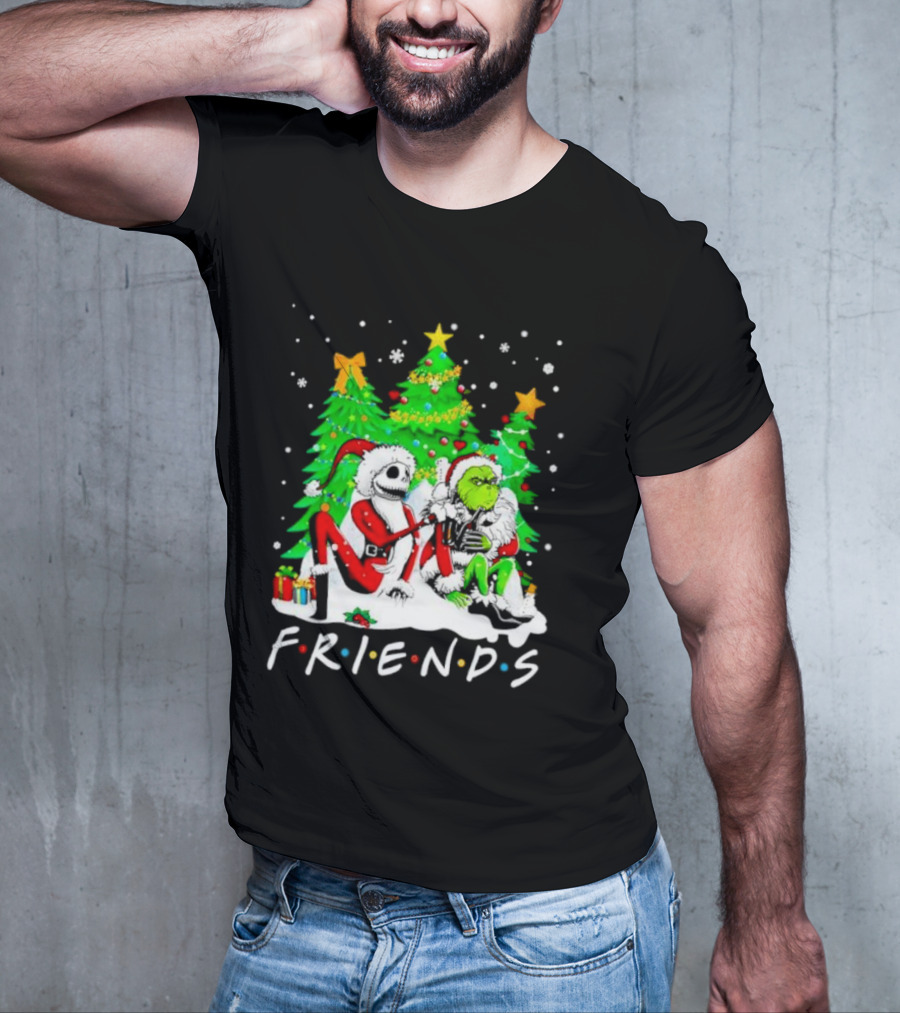 Friends Jack Skellington And Grinch Christmas Scene With Santa Outfits And Christmas Trees T-Shirt