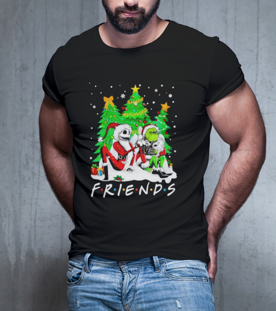 Friends Jack Skellington And Grinch Christmas Scene With Santa Outfits And Christmas Trees T-Shirt