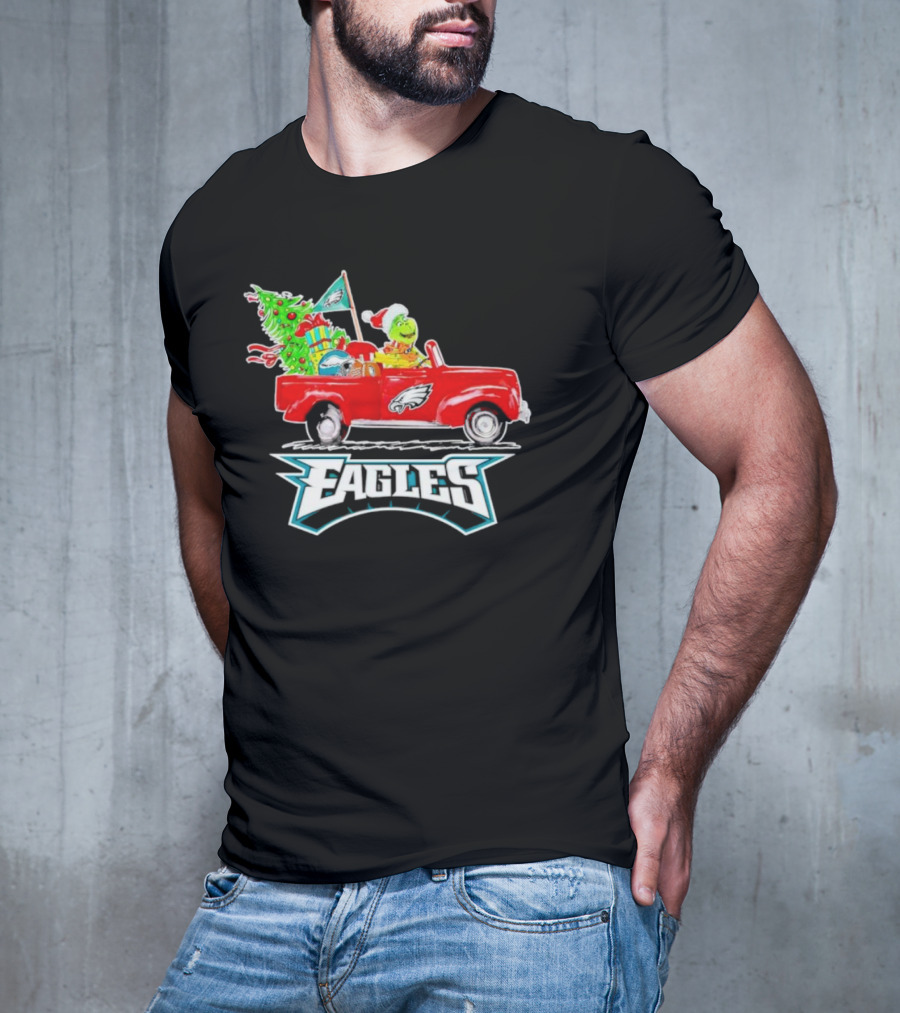 Grinch Dog Driving Red Truck Philadelphia Eagles Christmas Tree T-Shirt