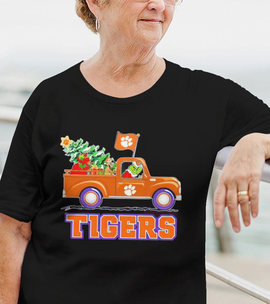 Grinch Driving Orange Christmas Truck With Clemson Tigers Flag And Tree T-Shirt