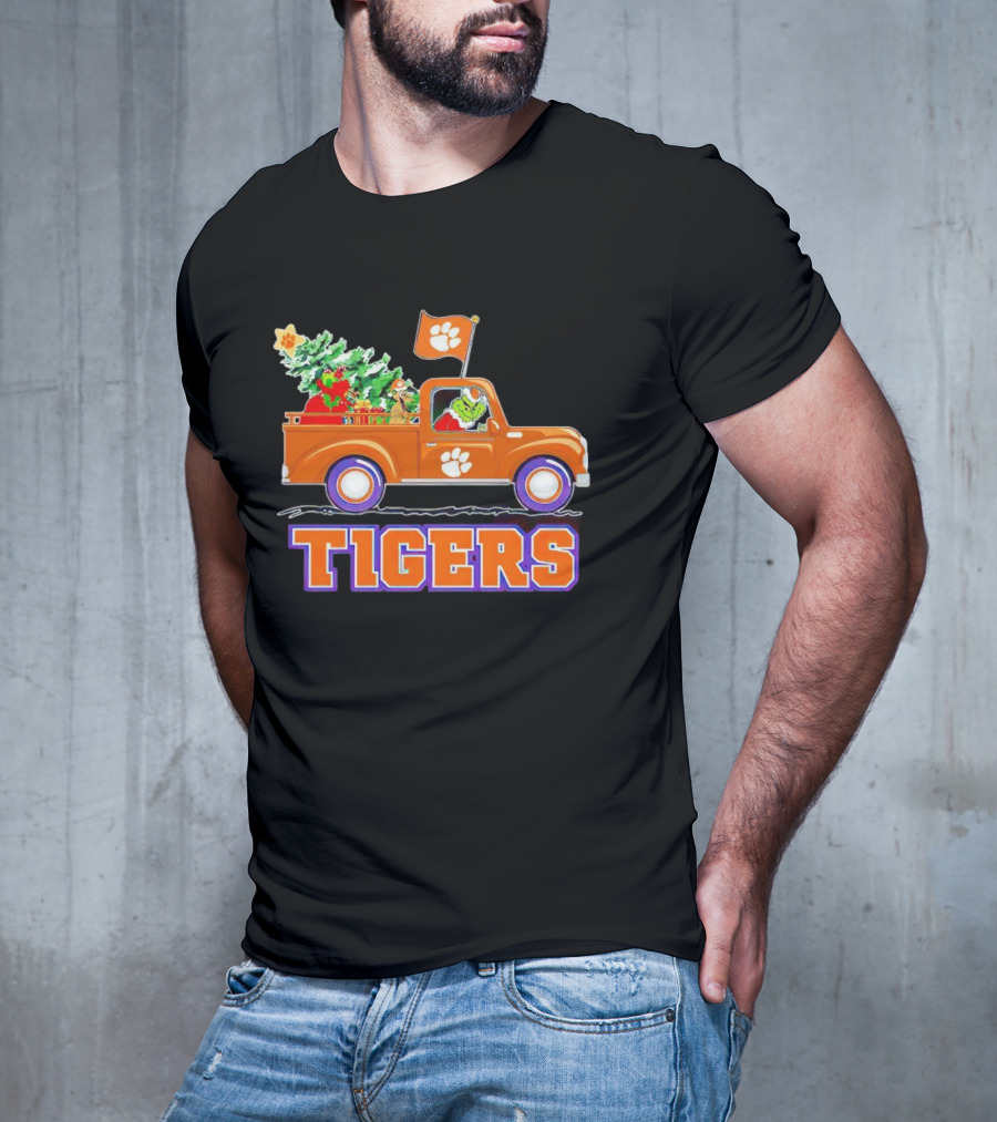 Grinch Driving Orange Christmas Truck With Clemson Tigers Flag And Tree T-Shirt