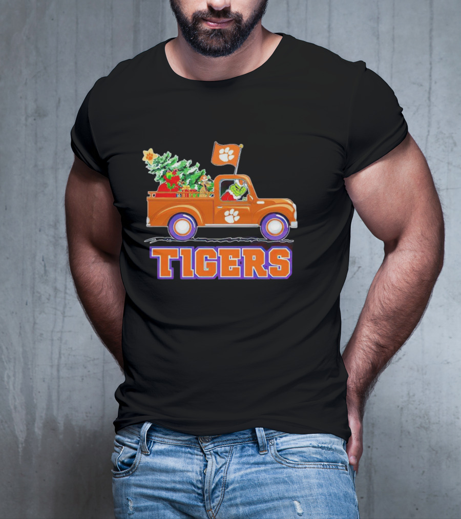 Grinch Driving Orange Christmas Truck With Clemson Tigers Flag And Tree T-Shirt