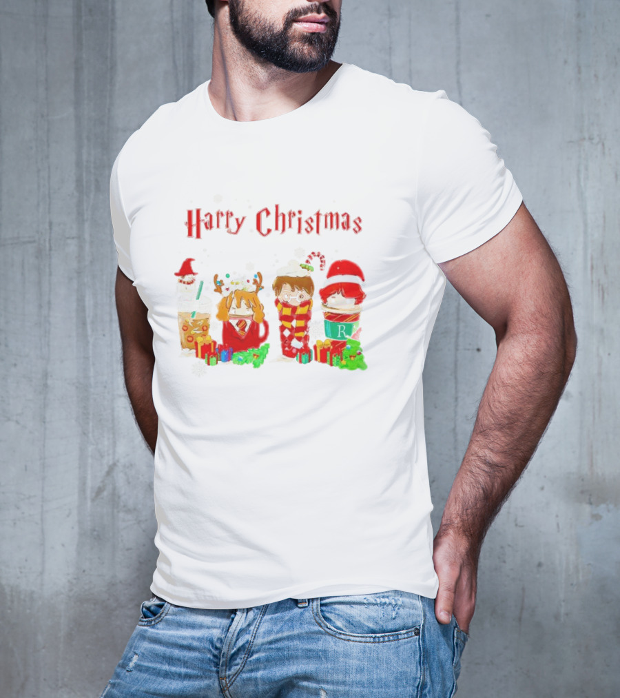 Harry Christmas Chibi Coffee Characters Festive Winter Scene T-Shirt