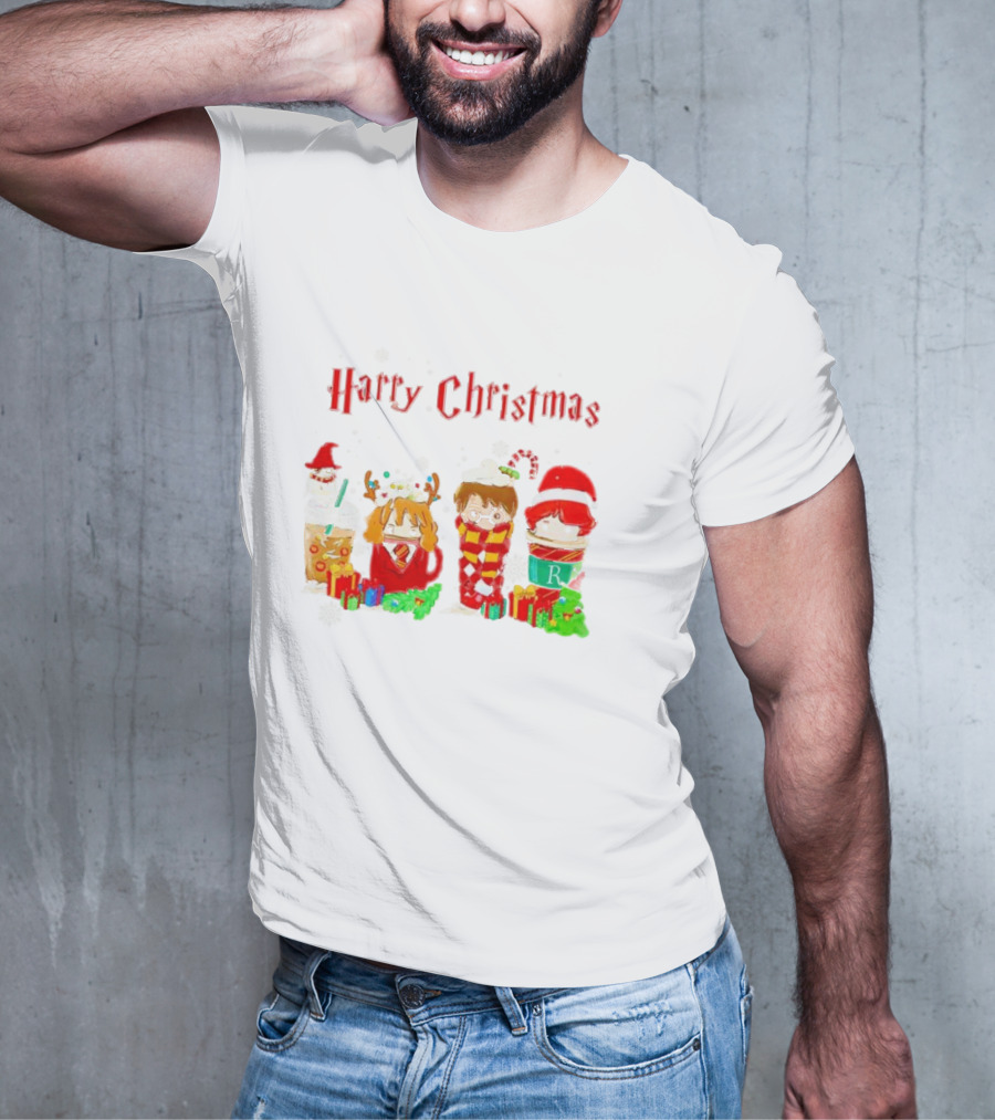 Harry Christmas Chibi Coffee Characters Festive Winter Scene T-Shirt