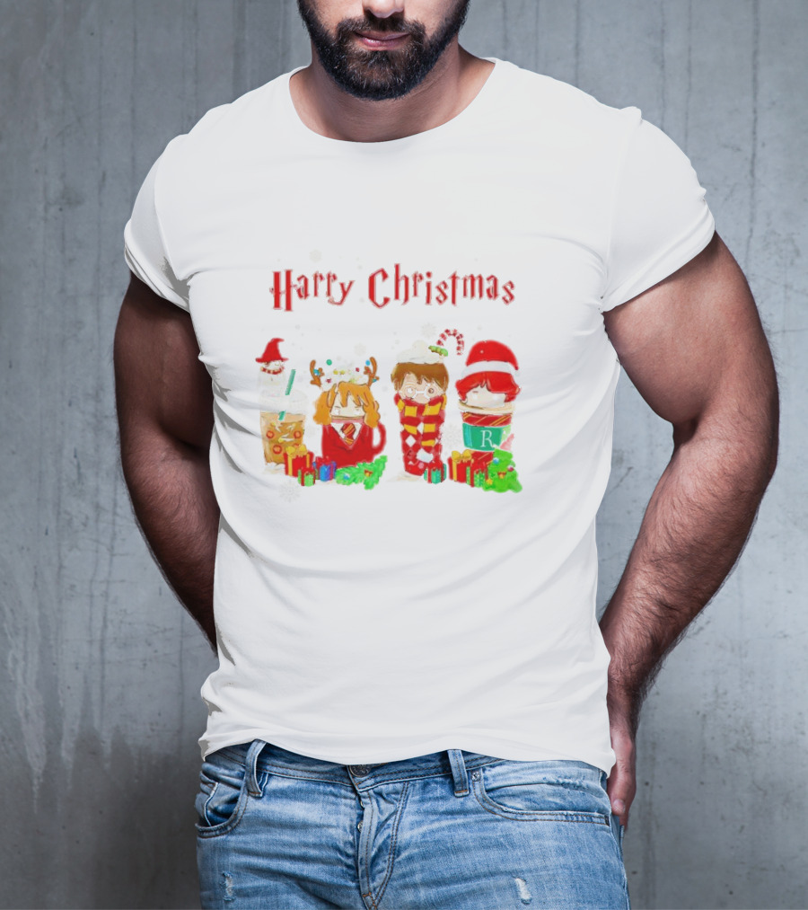 Harry Christmas Chibi Coffee Characters Festive Winter Scene T-Shirt