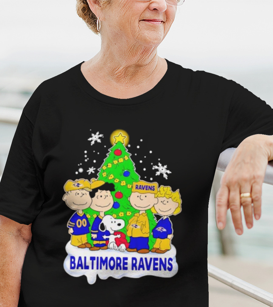 Baltimore Ravens Christmas Tree With Peanuts Characters T-Shirt