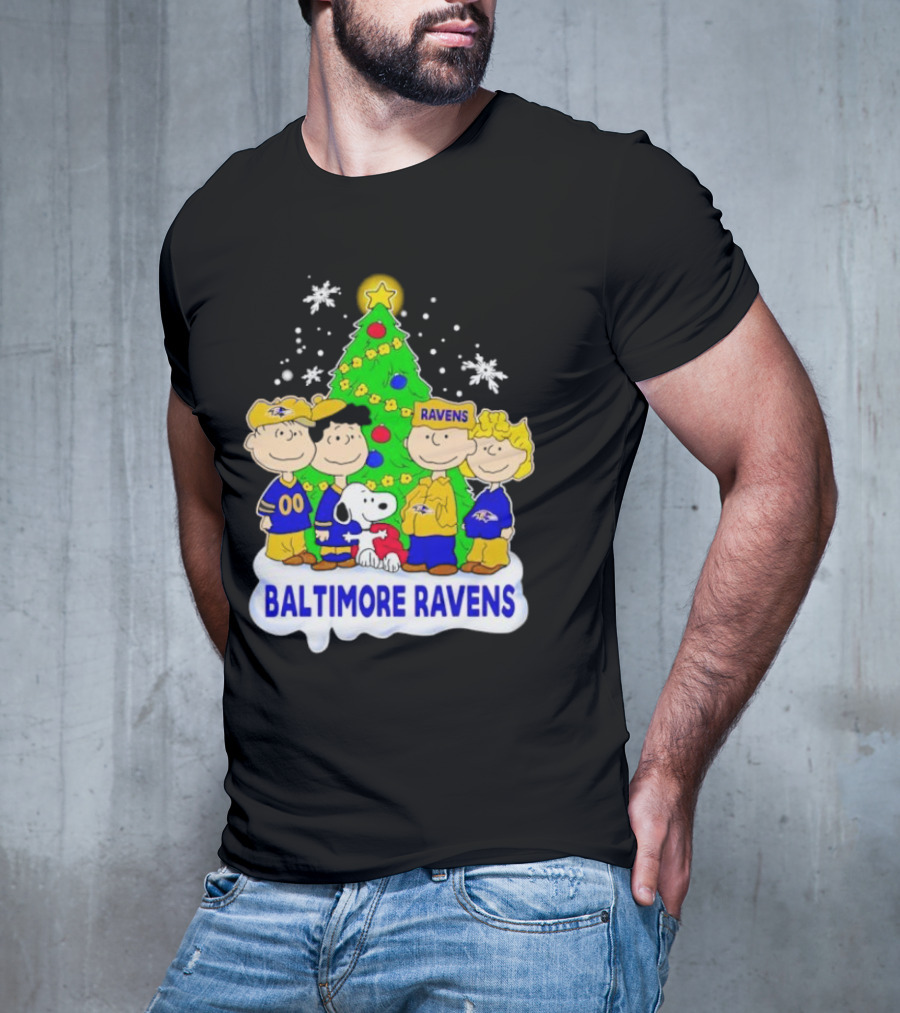 Baltimore Ravens Christmas Tree With Peanuts Characters T-Shirt