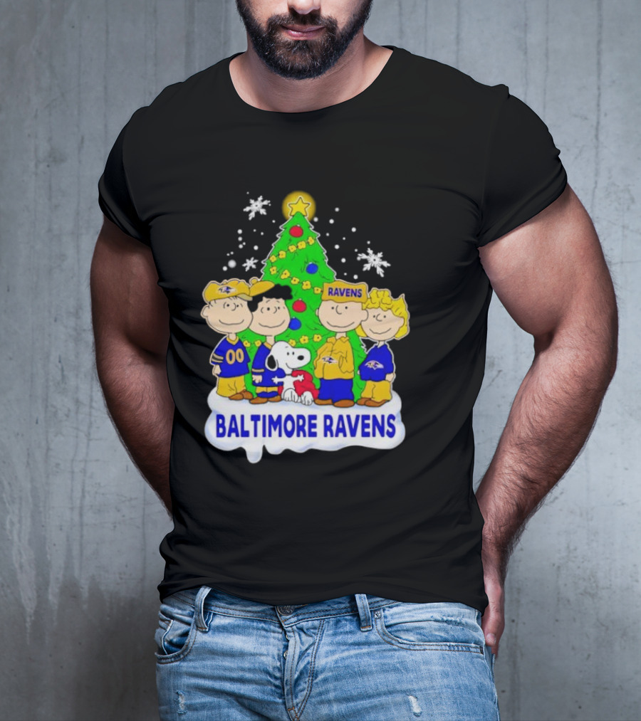 Baltimore Ravens Christmas Tree With Peanuts Characters T-Shirt