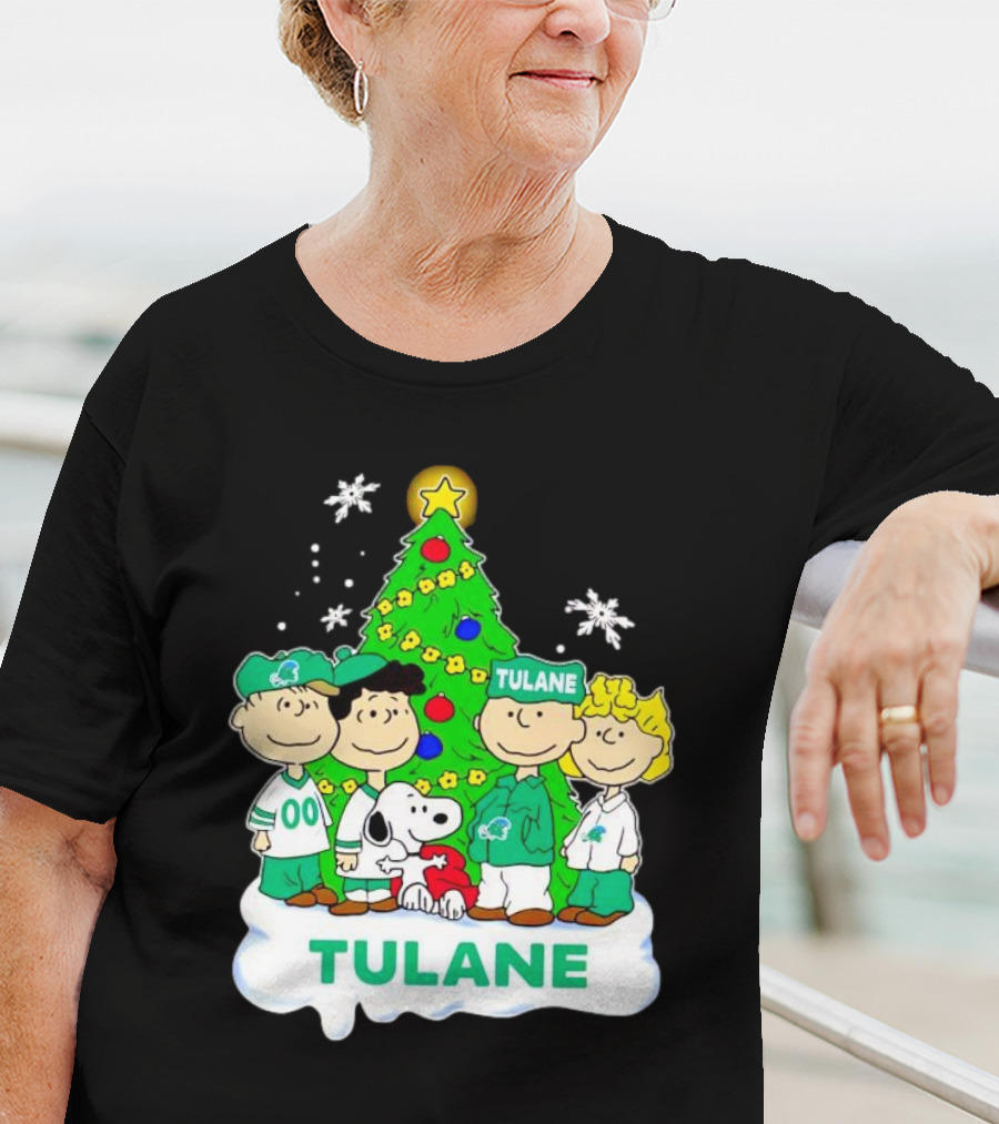Peanuts Characters Tulane Green Wave Christmas Tree Snoopy Snowflakes T-Shirt