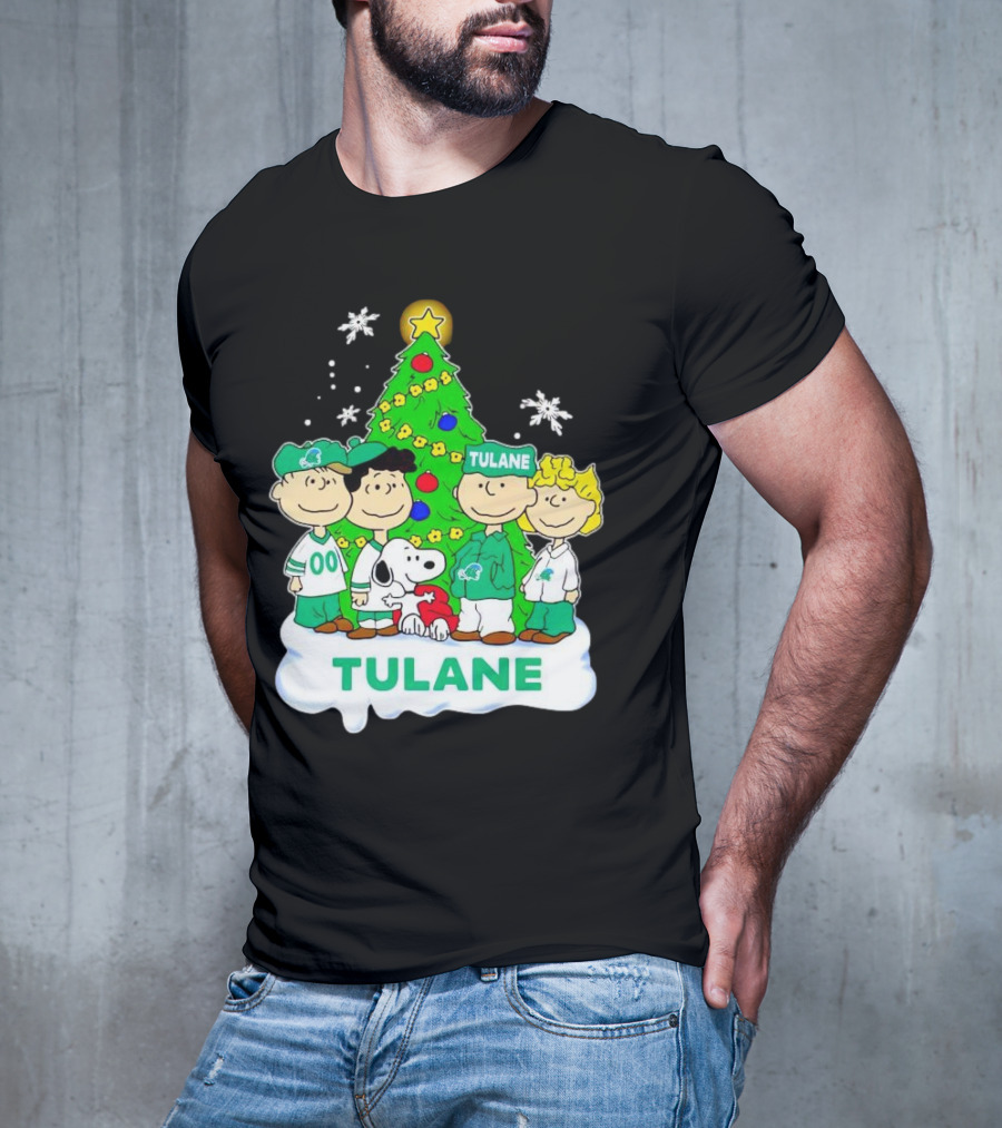 Peanuts Characters Tulane Green Wave Christmas Tree Snoopy Snowflakes T-Shirt
