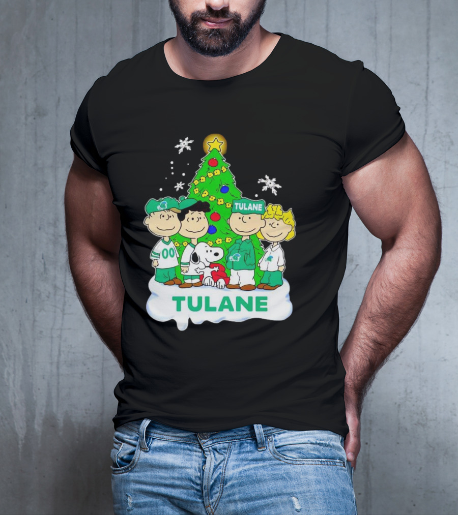 Peanuts Characters Tulane Green Wave Christmas Tree Snoopy Snowflakes T-Shirt