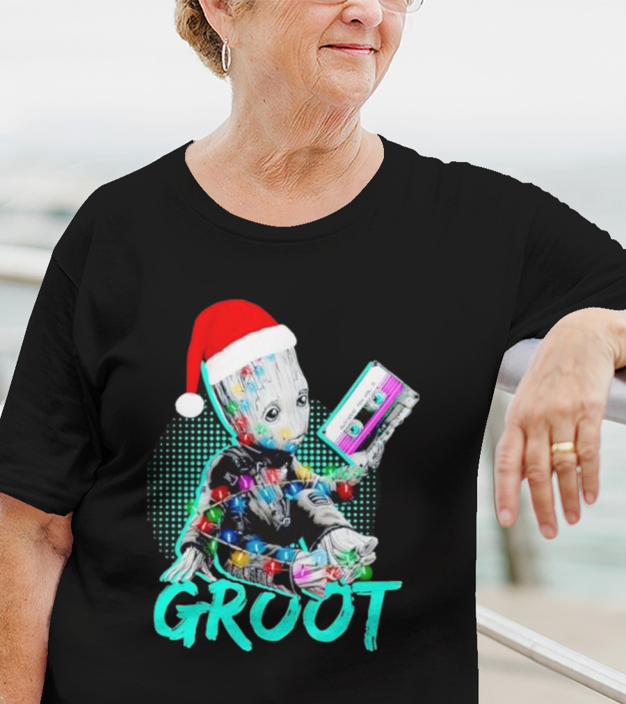 Santa Baby Groot With Cassette Tape And Holiday Lights T-Shirt