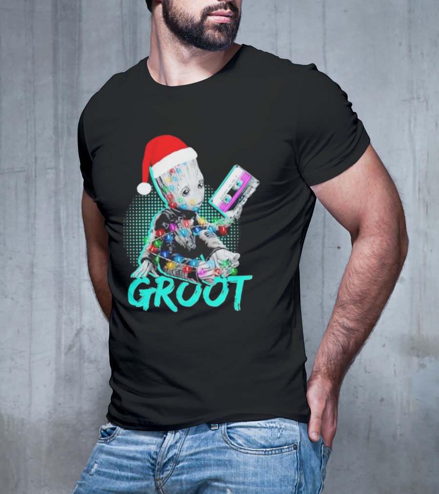 Santa Baby Groot With Cassette Tape And Holiday Lights T-Shirt