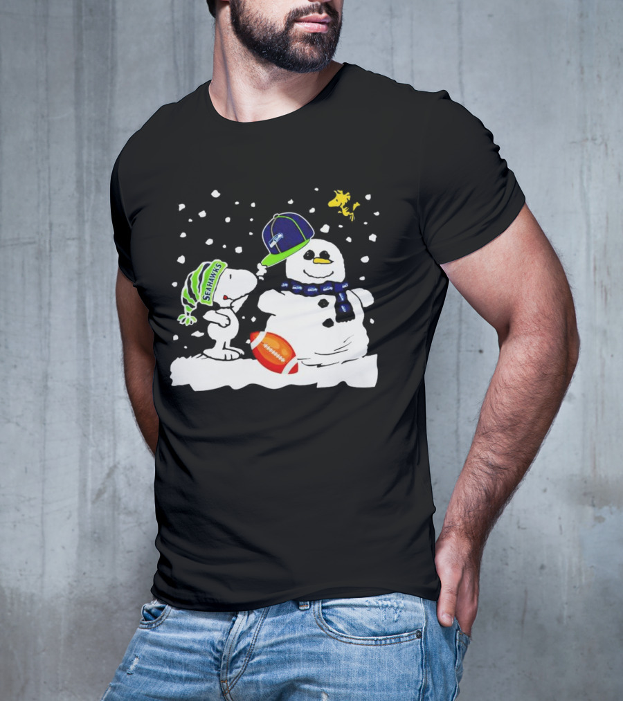 Seattle Seahawks Snoopy Snowman Hat Winter Football Scene T-Shirt