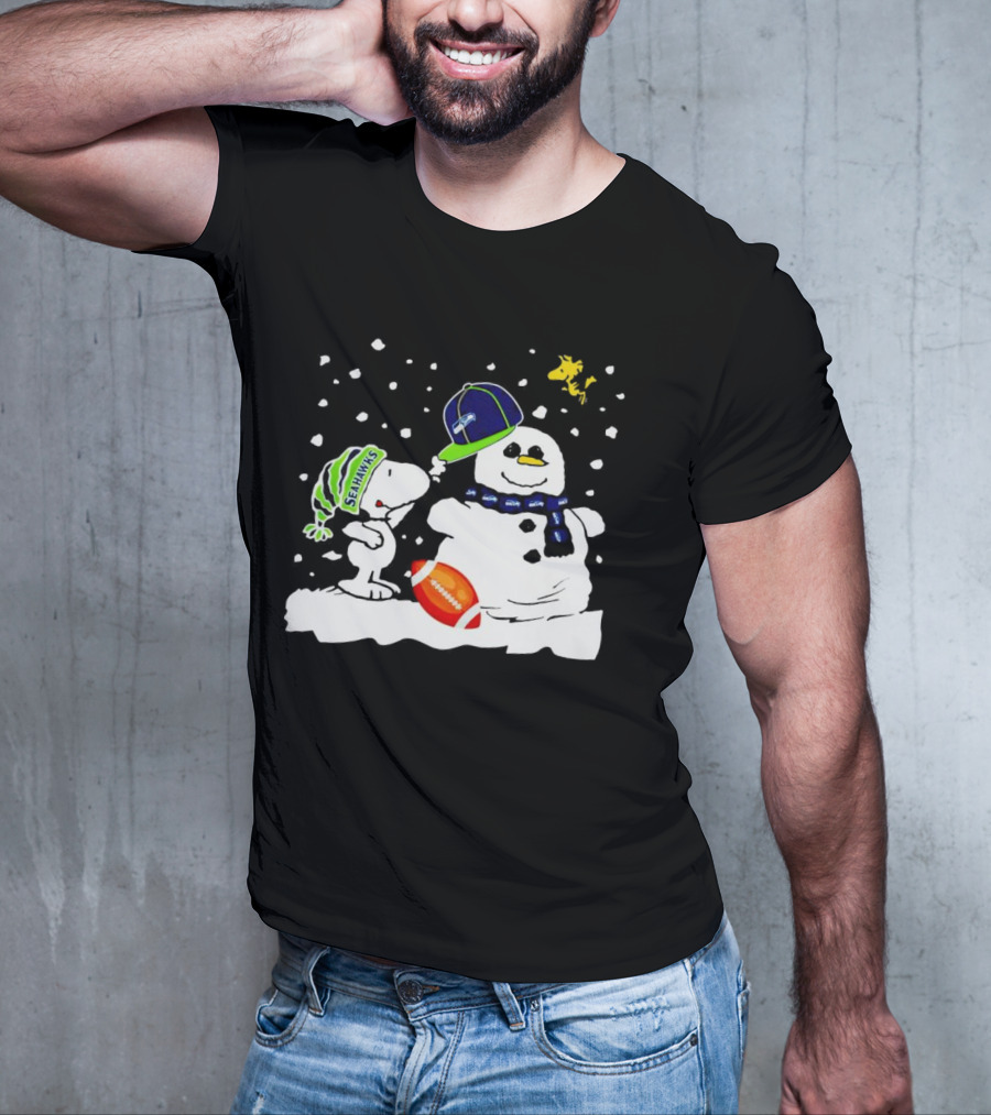 Seattle Seahawks Snoopy Snowman Hat Winter Football Scene T-Shirt