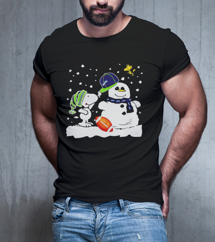 Seattle Seahawks Snoopy Snowman Hat Winter Football Scene T-Shirt