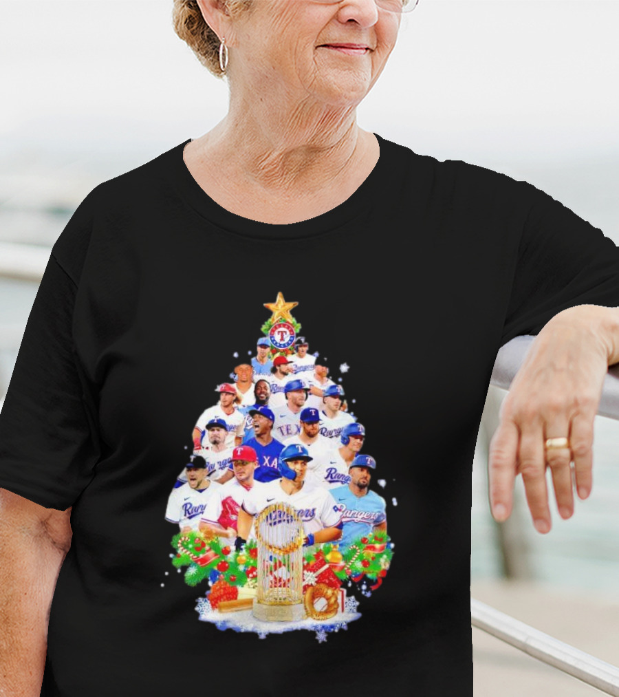 Texas Rangers Players Christmas Tree With Trophy And Ornaments T-Shirt