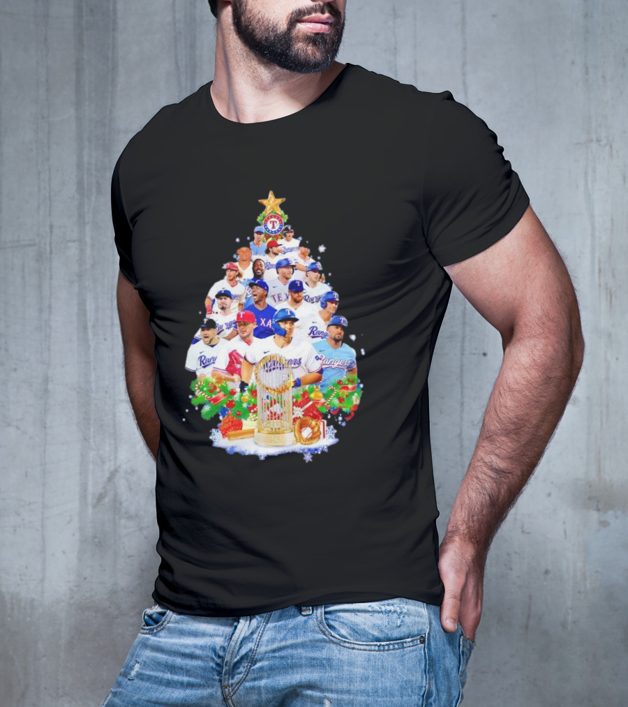 Texas Rangers Players Christmas Tree With Trophy And Ornaments T-Shirt