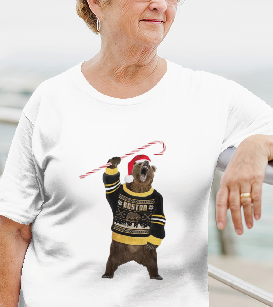 Boston Bear Christmas Holiday Sweater Santa Hat Candy Cane T-Shirt