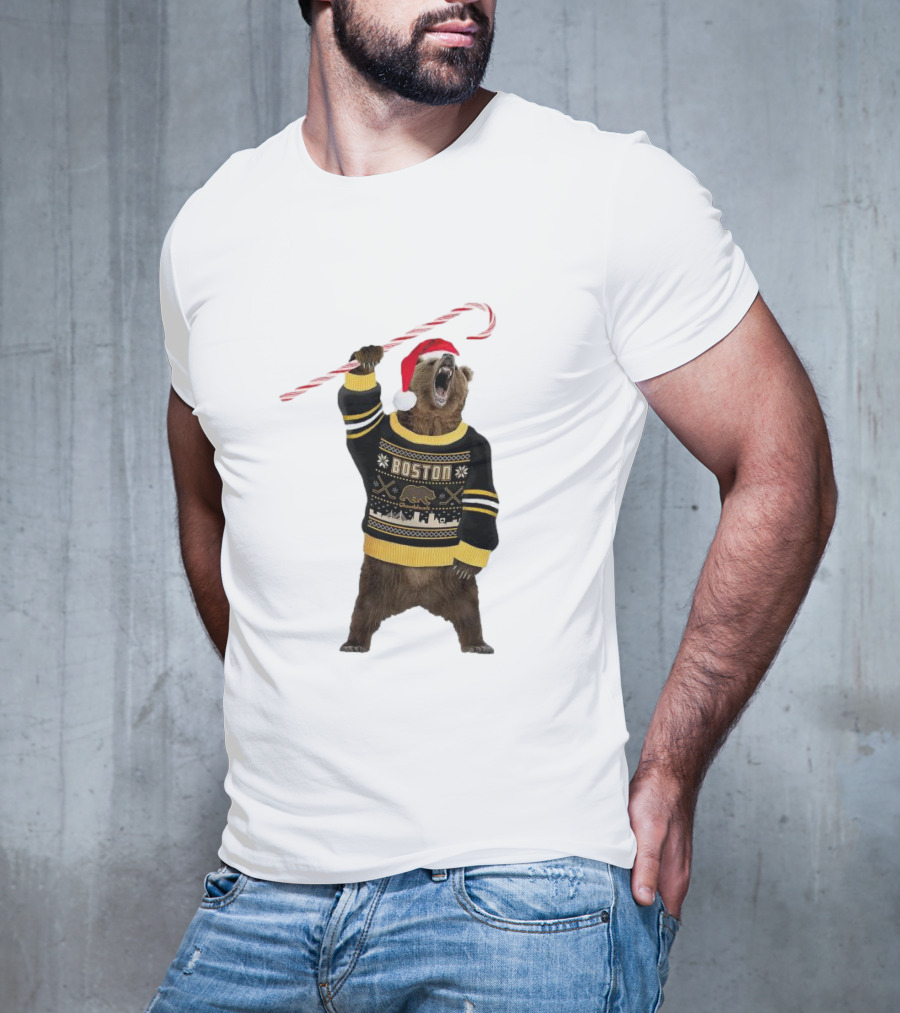 Boston Bear Christmas Holiday Sweater Santa Hat Candy Cane T-Shirt