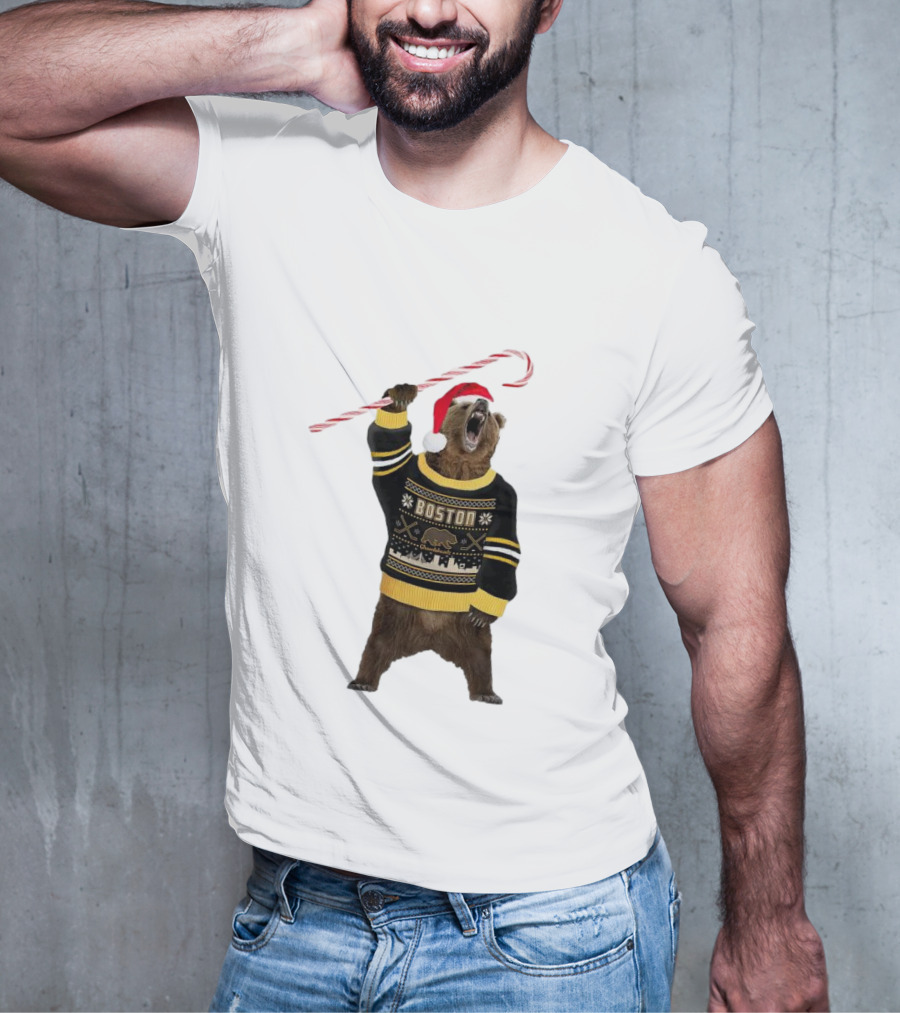 Boston Bear Christmas Holiday Sweater Santa Hat Candy Cane T-Shirt