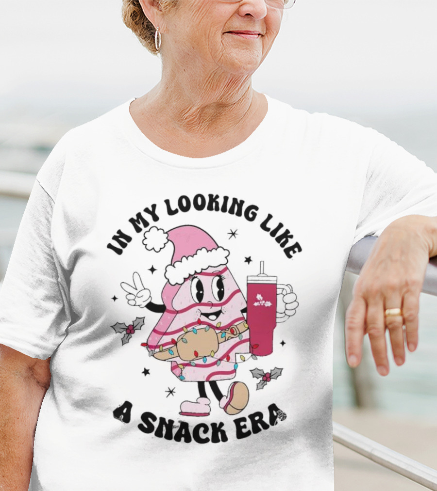 In My Looking Like A Snack Era Christmas Tree Cake Festive Icon With Holiday Drum And Drink Cup T-Shirt