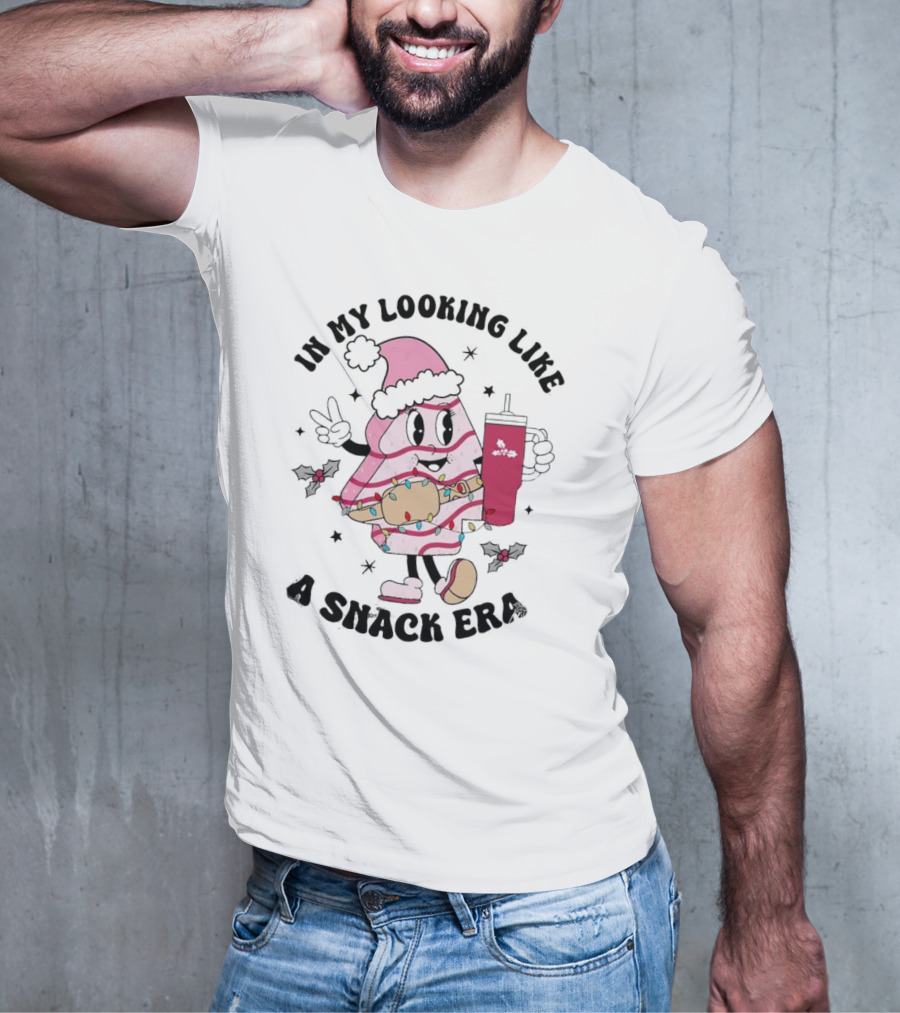 In My Looking Like A Snack Era Christmas Tree Cake Festive Icon With Holiday Drum And Drink Cup T-Shirt