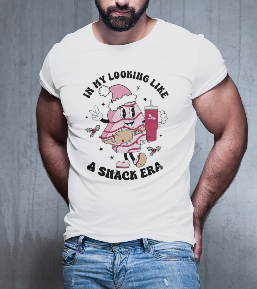 In My Looking Like A Snack Era Christmas Tree Cake Festive Icon With Holiday Drum And Drink Cup T-Shirt