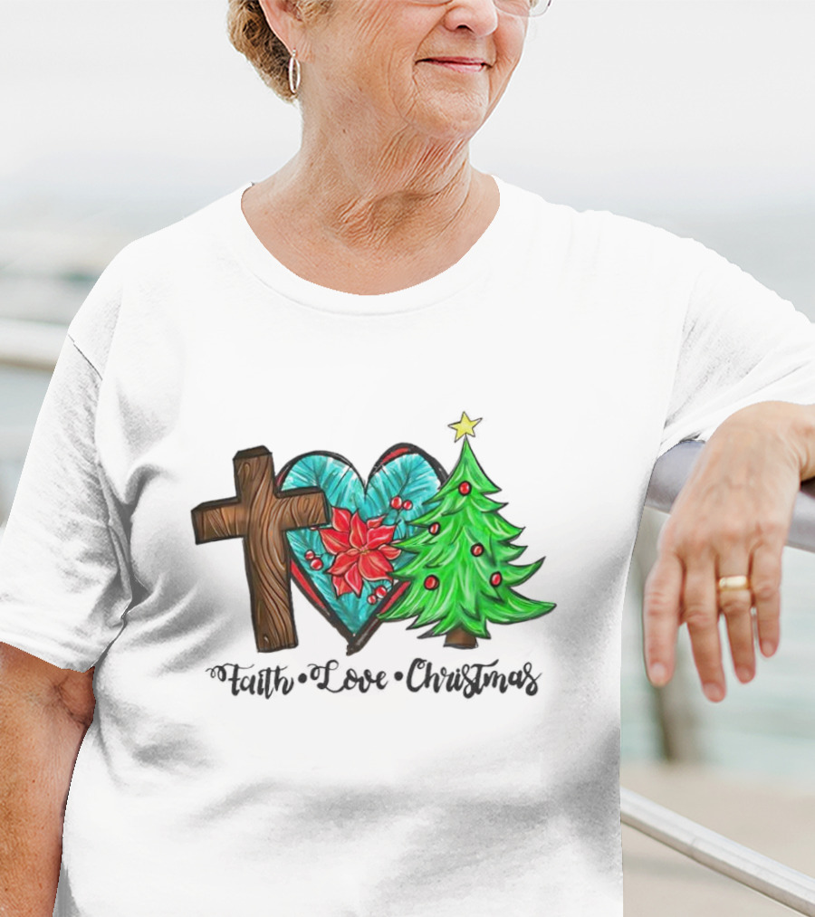 Faith Love Christmas Cross Poinsettia Tree T-Shirt