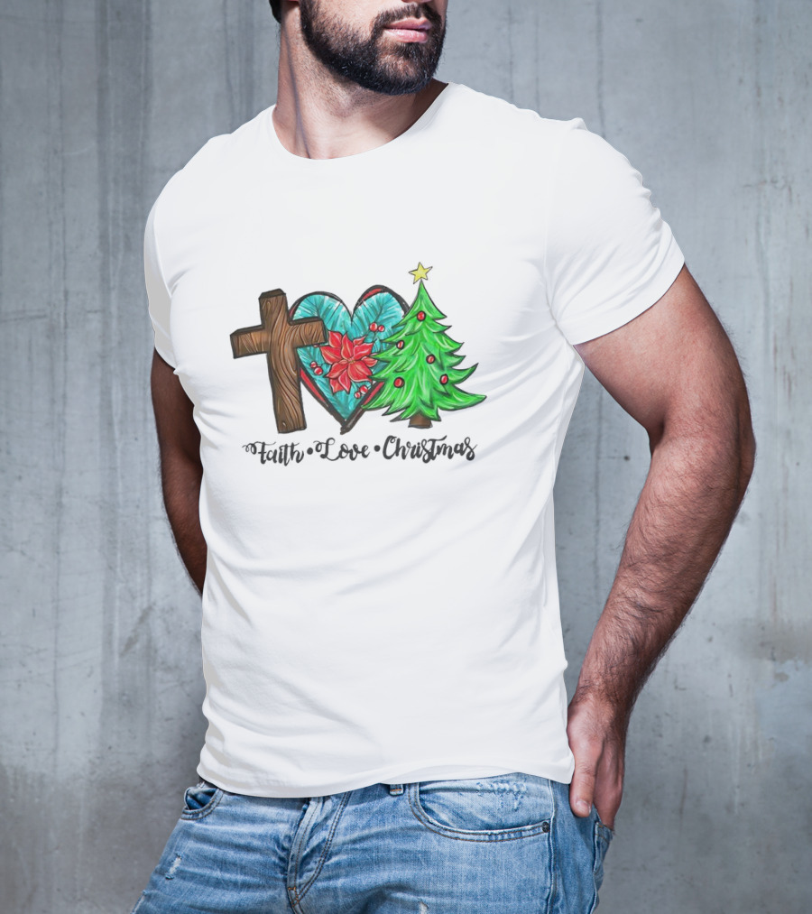 Faith Love Christmas Cross Poinsettia Tree T-Shirt
