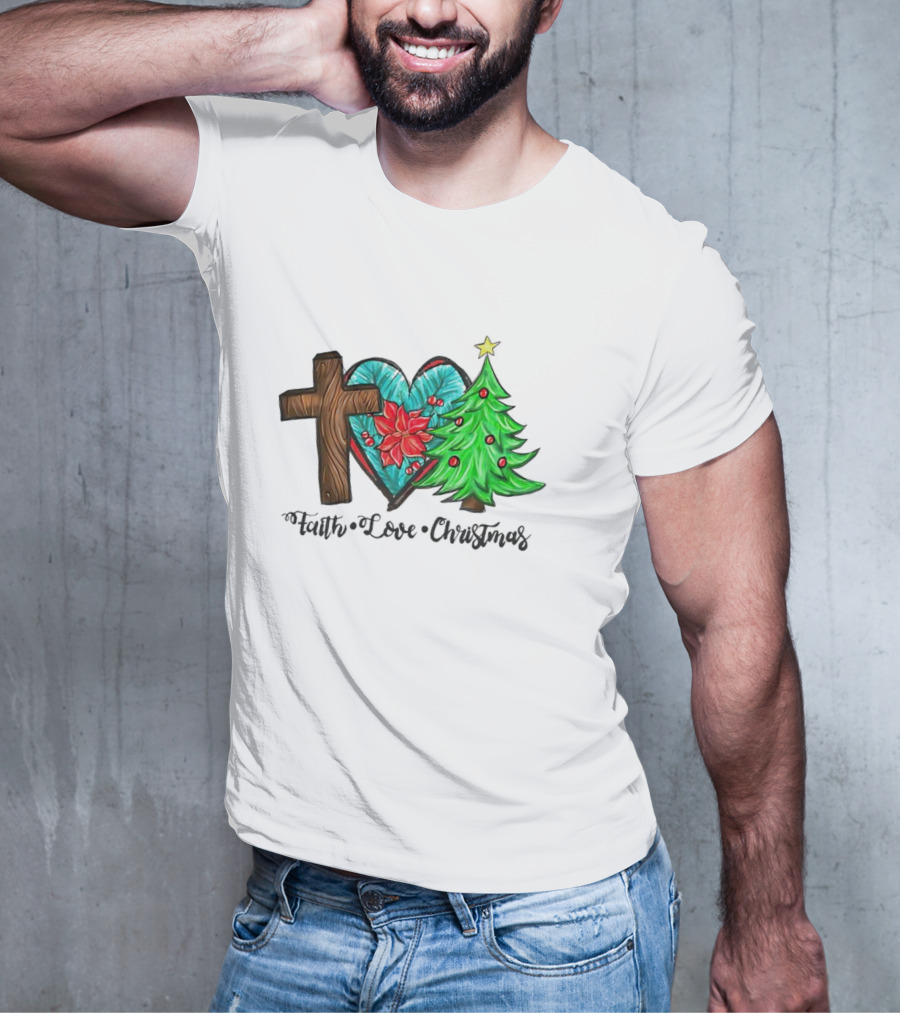 Faith Love Christmas Cross Poinsettia Tree T-Shirt
