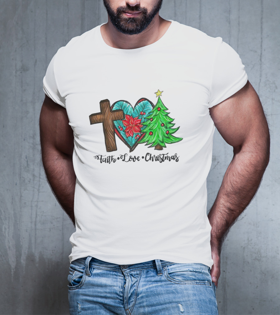 Faith Love Christmas Cross Poinsettia Tree T-Shirt