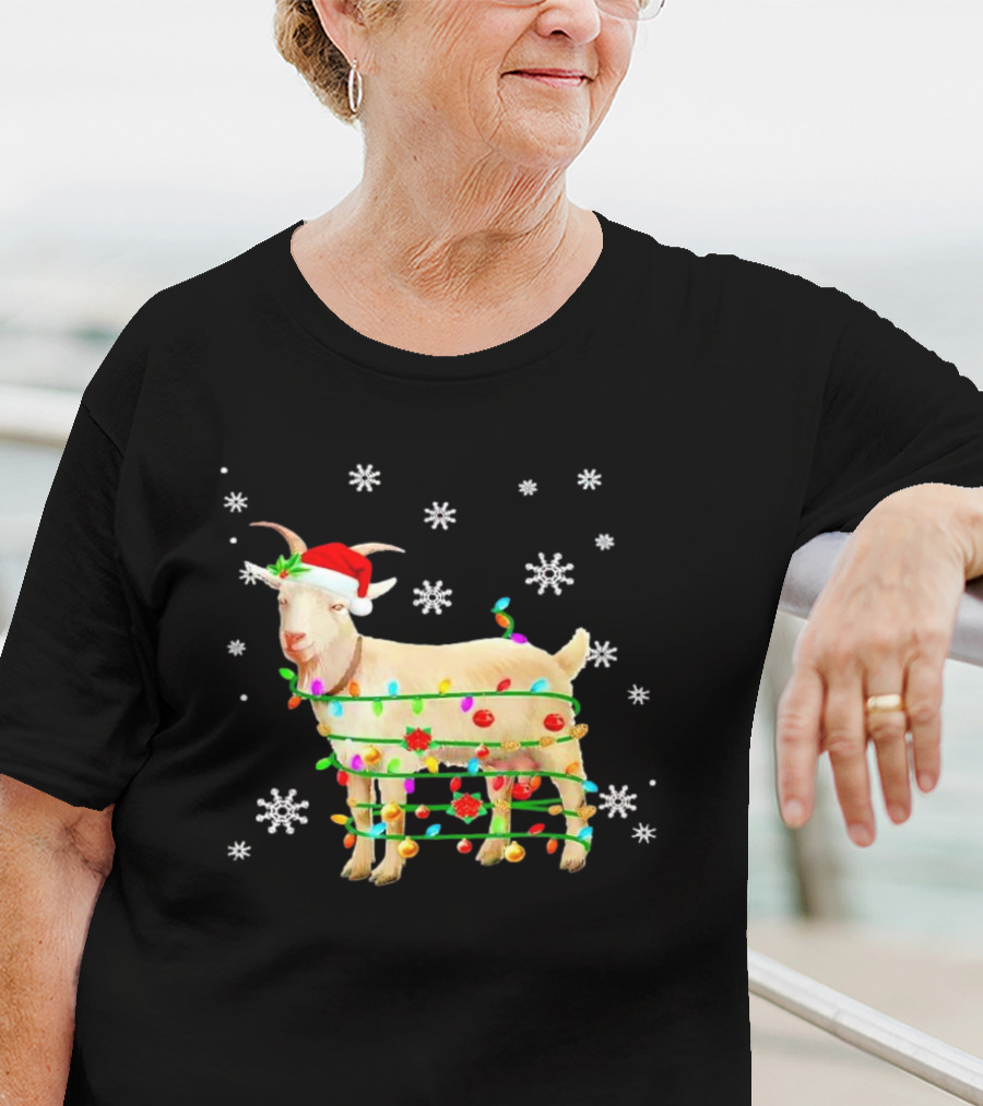 Goat Wrapped In Christmas Lights With Santa Hat And Snowflakes T-Shirt