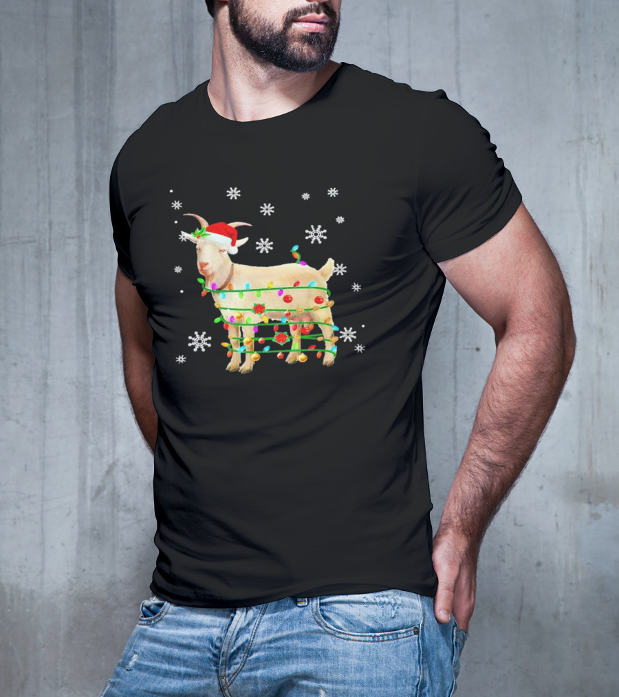Goat Wrapped In Christmas Lights With Santa Hat And Snowflakes T-Shirt